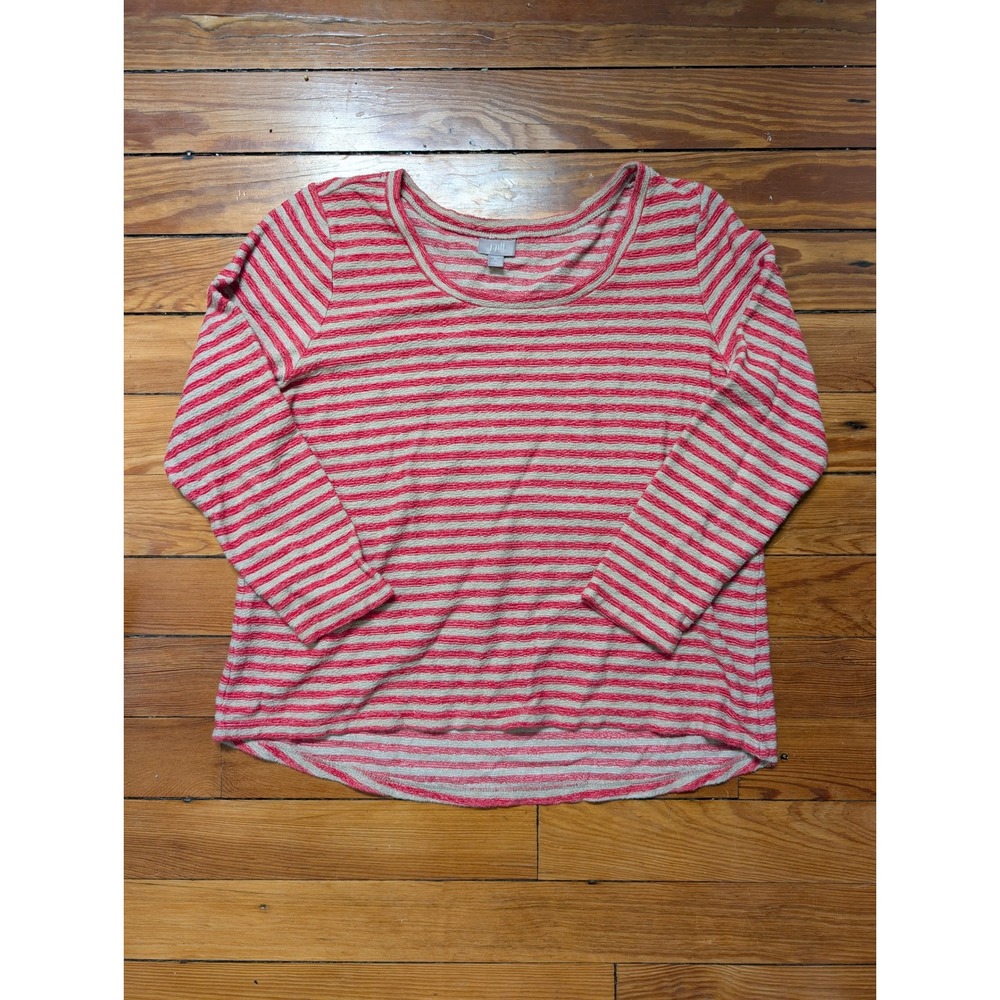 J. Jill Striped Knit Top Women M Petite Red White 3/4 Sleeve Cotton Casual Slub
